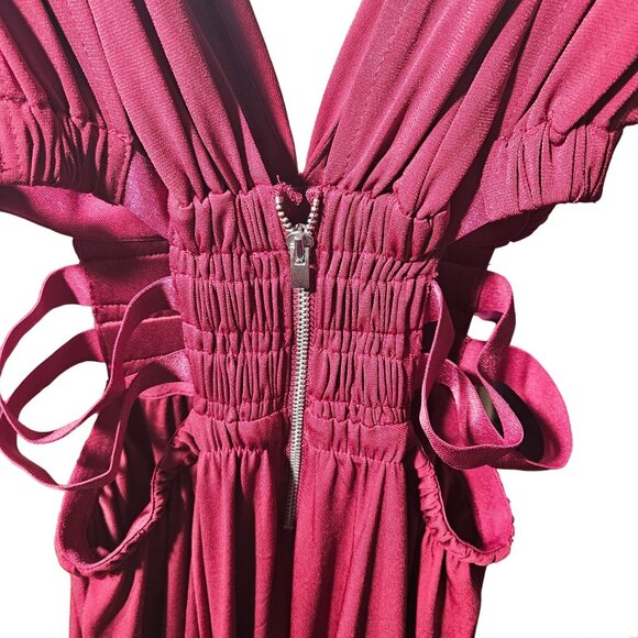 Sleeveless Red Burgundy V-Neck Dress With Shirred Waist & Side Ties By Express S - Picture 4 of 5